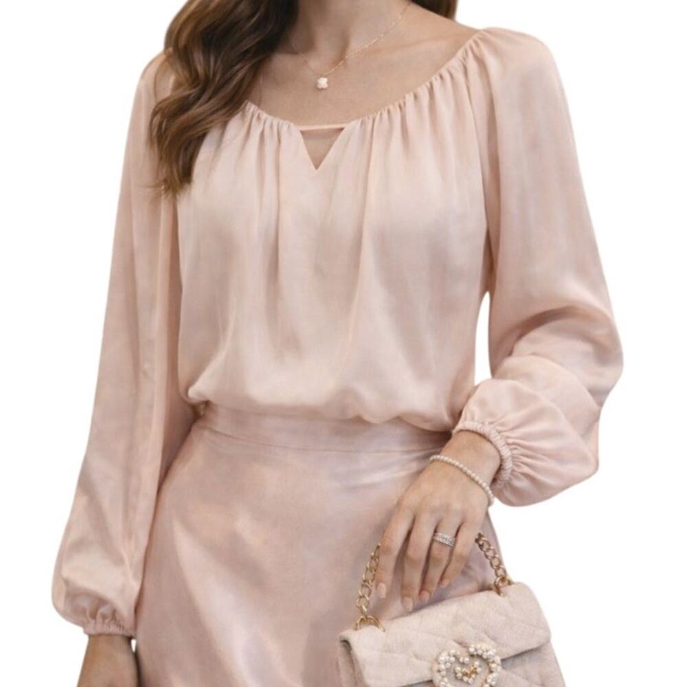 Jonathan Simkhai Satin Keyhole Long Sleeve Blouse Medium Cream Old Money Soft